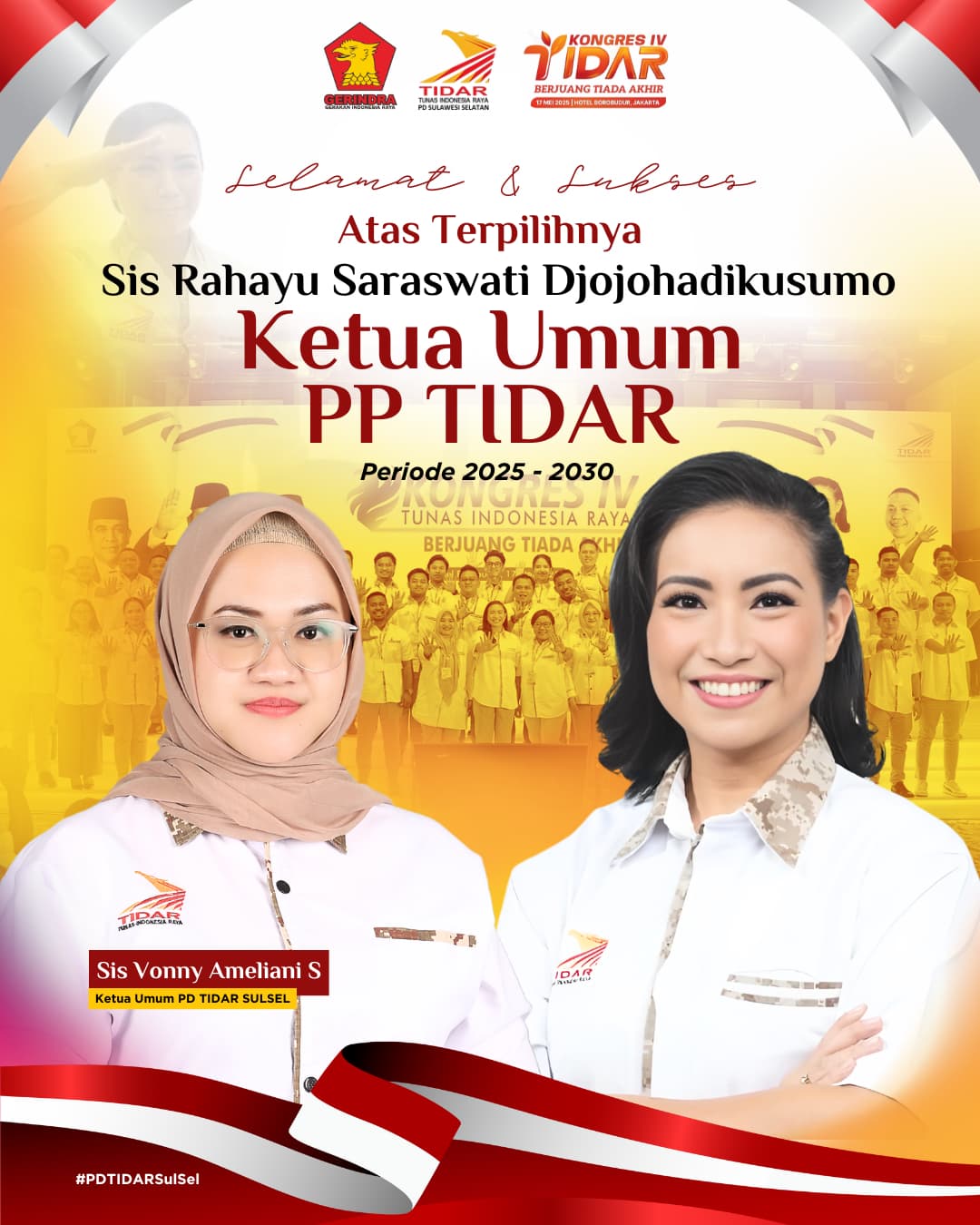Vonny Ameliani Suardi, menyampaikan apresiasi tinggi atas terpilihnya kembali Rahayu Saraswati Djojohadikusumo sebagai Ketua Umum Pengurus Pusat (PP) TIDAR periode 2025–2030